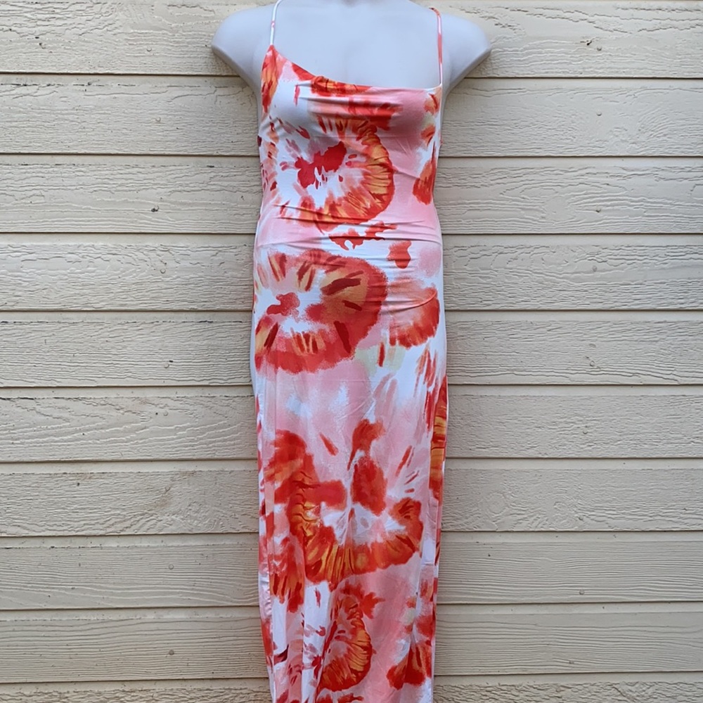 Cryptographic Tie Dye Backless Orange Maxi Dress - Picture 3 of 14